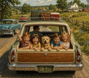  “Vintage station wagon on a country road with children and a dog waving from the back, luggage tied to the roof, and a farmhouse and fields in the background under a bright blue sky.”