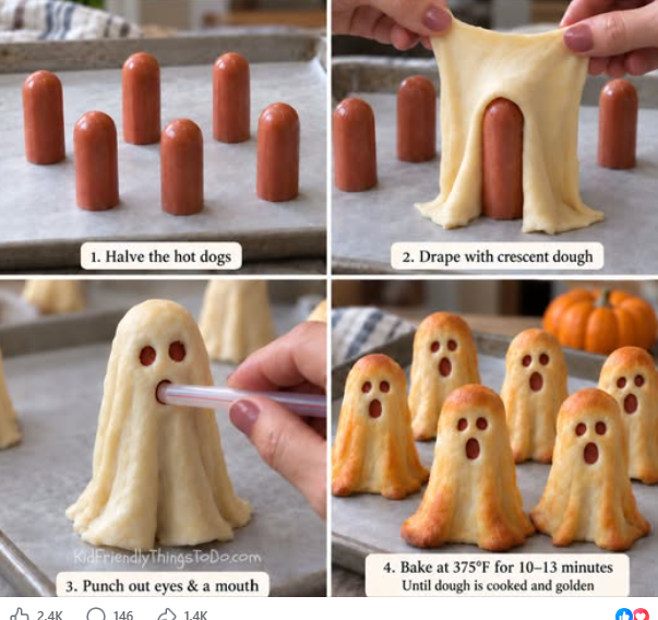 Step-by-step collage showing how to make hot dog mummy ghosts for Halloween. The four-panel image demonstrates halved hot dogs being wrapped in crescent roll dough, eyes and mouths cut out with a straw, and the finished baked snacks resembling small golden-brown ghosts on a baking tray, with a pumpkin visible in the background.