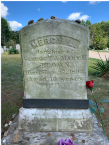  Light gray 19th‑century gravestone with small stones placed on top and artificial red and purple flowers at its base, set in a grassy cemetery with trees and other headstones in the background.