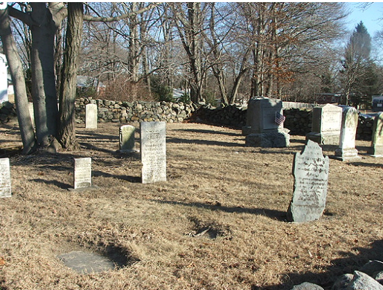  Small historic cemetery enclosed by a low stone wall, with weathered gravestones set in dry grass and a single American flag placed beside one marker, surrounded by bare trees in a quiet late‑fall landscape.