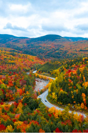   
A winding mountain road curves through a dense forest of vibrant autumn foliage, with red, orange, yellow, and green treetops stretching across rolling hills under a partly cloudy sky.