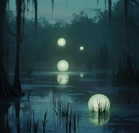Glowing white orbs hover above and float on the surface of a misty swamp at dusk. Dark cypress trees draped with hanging moss frame the scene, while reflections of the luminous spheres shimmer across the still blue-gray water, creating an eerie, dreamlike atmosphere.