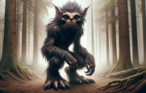 Digital artwork depicting a Pukwudgie, a legendary creature from Wampanoag folklore, standing on a forest path in a mist-covered swamp. The small, dark-furred figure has pointed ears, long clawed hands, large feet, and glowing eyes. Tall trees fade into dense fog in the background, creating an eerie and mysterious atmosphere. The scene evokes stories of hauntings and supernatural encounters associated with Massachusetts' Hockomock Swamp during the Halloween season.