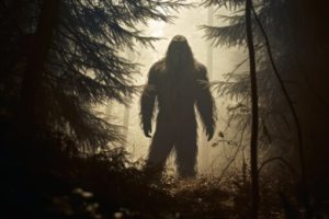 Dark, shadowy figure resembling a Bigfoot-like creature standing in a fog-filled forest. Tall pine trees frame the scene as pale light filters through the mist behind the creature, creating a haunting silhouette. The eerie image evokes legends of mysterious beings said to roam the Hockomock Swamp and the haunted Bridgewater Triangle of southeastern Massachusetts.