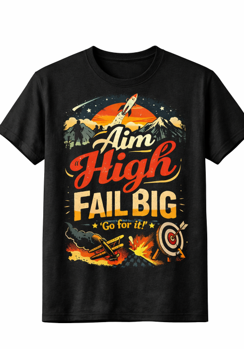 Black t-shirt featuring the phrase “Aim High, Fail Big, Go for it!” in bold vintage-style lettering, with a rocket launch, mountain landscape, target with arrows, and crashing airplane illustration in retro sunset colors.