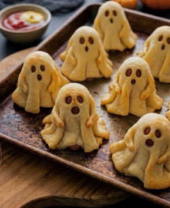A baking tray filled with Halloween-themed ghost-shaped cookies sits on a wooden table. The golden-brown cookies have chocolate chip eyes and mouths, creating surprised ghost faces, with a small bowl of dipping sauce blurred in the background.