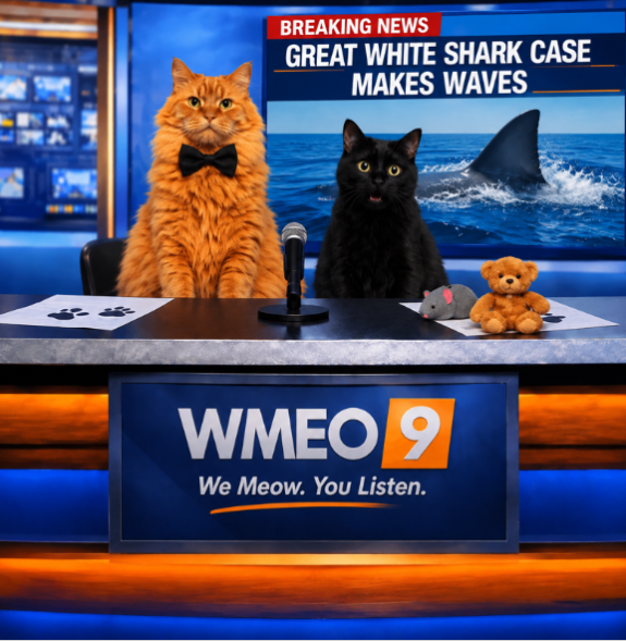 Two cats sit behind a news desk in a mock television studio. An orange long-haired cat wearing a black bow tie sits on the left, while a black cat sits on the right beside a toy mouse and a small teddy bear. A microphone stands between them on the desk. Behind the cats, a large screen displays a shark fin emerging from the ocean with the headline, “BREAKING NEWS: GREAT WHITE SHARK CASE MAKES WAVES.” The front of the desk features the WMEO 9 logo and the slogan, “We Meow. You Listen.” Blue and orange studio lighting creates the look of a professional news broadcast.