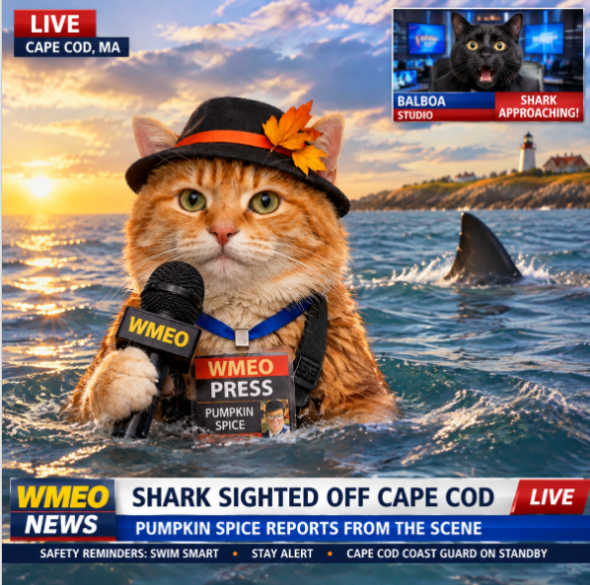 A humorous fake TV news scene shows an orange tabby cat standing chest-deep in ocean water off Cape Cod at sunset, wearing a black hat with an orange band and autumn leaf, a WMEO Press badge, and a reporter's harness while holding a microphone. A shark fin breaks the water behind the cat near a rocky shoreline and lighthouse. In the upper-right corner, an inset news feed shows a black cat in a studio labeled "Balboa" with the alert "Shark Approaching!" News graphics identify the field reporter as Pumpkin Spice, and the headline reads: "Shark Sighted Off Cape Cod - Pumpkin Spice Reports From the Scene." The image is styled as a live breaking news broadcast from WMEO News.