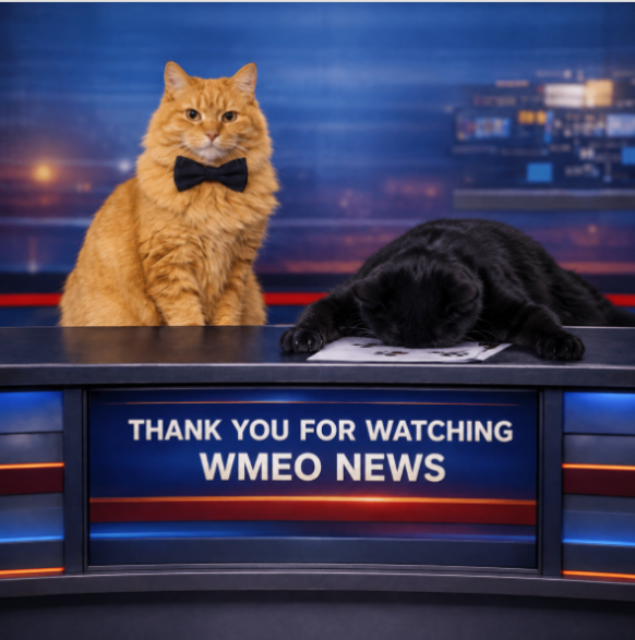 Orange tabby cat wearing a black bow tie sits upright behind a television news desk while a black cat lies face-down on papers beside him. The front of the desk displays the message, “THANK YOU FOR WATCHING WMEO NEWS.” A blurred blue newsroom backdrop with studio lights fills the background, creating a humorous end-of-broadcast scene in which one feline anchor remains professional while the other appears exhausted.