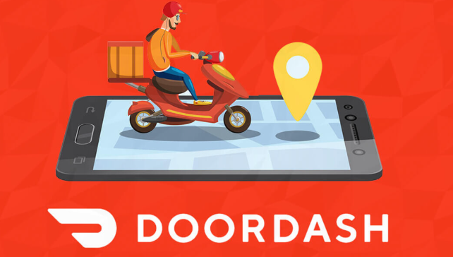 "DoorDash promotional graphic showing a delivery rider on a red scooter carrying a package and driving across a smartphone screen, with a location pin icon and the DoorDash logo on a red background."