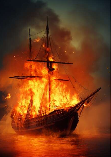 A wooden sailing ship engulfed in flames on dark water at night, with towering fire and thick smoke illuminating the scene in orange and gold.
