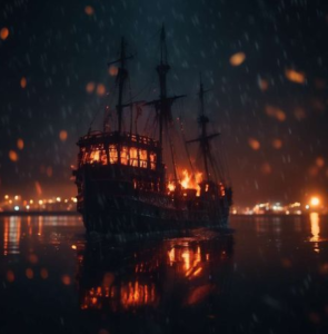 An old sailing vessel glows with orange light as it drifts through a rainy night on dark waters. Reflections ripple across the surface while distant lights blur in the background, evoking the mysterious legend of the Palatine Light appearing offshore.