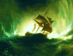 A sailing ship struggles through a violent storm at sea. Towering waves and bright, glowing light surround the vessel as dark sails strain in fierce winds, creating a dramatic scene of danger and shipwreck.