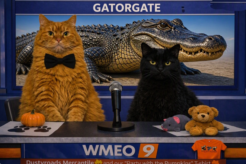 Orange tabby cat wearing a black bow tie and black cat sitting behind a news desk with a microphone between them. A small pumpkin, toy mouse, teddy bear, and orange T-shirt are displayed on the desk. Behind the two cats, a large alligator fills a screen labeled “GATORGATE.” The front of the desk reads “WMEO 9,” creating the look of a humorous television news broadcast.