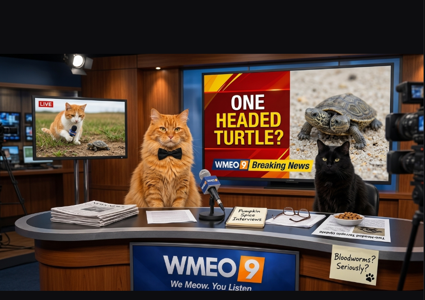 WMEO 9 Breaking News parody image showing Banner and Balboa reporting on a supposedly unusual one-headed turtle. A live remote feed features field reporter Pumpkin Spice interviewing a turtle in a grassy field. The newsroom set includes microphones, newspapers, a notepad labeled “Pumpkin Spice Interviews,” Balboa’s glasses on the desk, and a humorous note reading “Bloodworms? Seriously?”