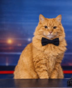 Banner, dressed in a black bow tie, sits behind the news desk ready for the evening broadcast, staring straight into the camera with a polished on-air presence.
