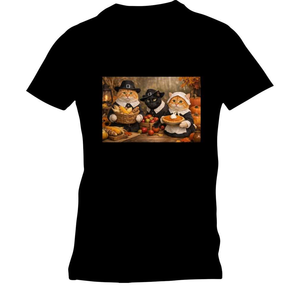 Black T-shirt featuring the Harvest design, showing three pilgrim cats gathered around baskets of corn and apples, pumpkins, autumn leaves, and a freshly baked pumpkin pie in a warm Thanksgiving harvest scene.