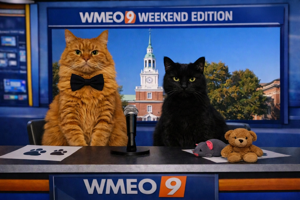   
Two cats sit behind a WMEO9 Weekend Edition news desk. Banner, an orange long‑haired cat wearing a black bow tie, sits on the left with a paper marked by paw prints. Balboa, a black short‑haired cat, sits on the right beside a toy mouse and a small teddy bear. A microphone rests between them, and the backdrop shows Dartmouth College with a clock tower under a clear sky.