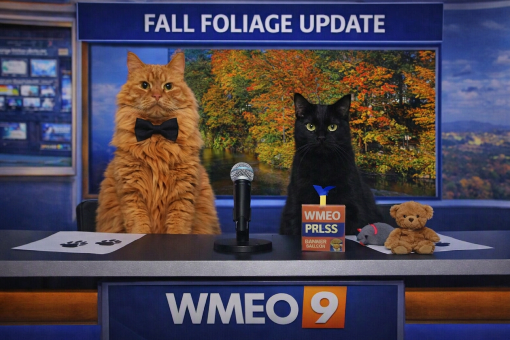 Two cats sit behind a WMEO 9 news desk delivering a “Fall Foliage Update.” Banner, an orange tabby wearing a black bow tie, and Balboa, a sleek black cat, face the camera with a microphone between them. A teddy bear and toy mouse rest on the desk beside their WMEO press badge. Behind them, a large screen shows a vivid autumn landscape of trees with red, orange, and yellow leaves along a riverbank under a blue sky.