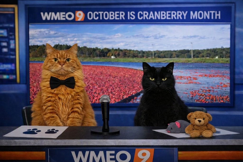 Two cats sit behind a WMEO 9 news desk as if hosting a broadcast. On the left, an orange long‑haired cat wearing a black bow tie sits upright with a serious expression. On the right, a black short‑haired cat looks toward the camera with bright green eyes. A microphone stands between them on the desk, along with papers featuring paw prints and two small plush toys — a gray mouse and a brown teddy bear. Behind them, a large studio screen displays a photo of a cranberry bog filled with floating red cranberries under a blue sky, along with the headline “WMEO 9 October Is Cranberry Month.”