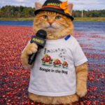  Pumpkin Spice, an orange tabby cat dressed as a WMEO field reporter, stands in a cranberry bog surrounded by floating red cranberries. He wears a white “Boogie in the Bog” T‑shirt and a black WMEO press hat decorated with an orange leaf. He holds a WMEO‑branded microphone in one paw and looks directly at the camera with a serious expression. Behind him are water, trees, and a partly cloudy sky.