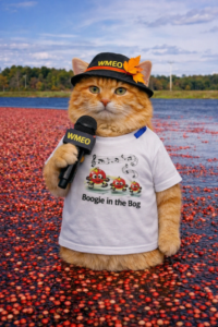  Pumpkin Spice, an orange tabby cat dressed as a WMEO field reporter, stands in a cranberry bog surrounded by floating red cranberries. He wears a white “Boogie in the Bog” T‑shirt and a black WMEO press hat decorated with an orange leaf. He holds a WMEO‑branded microphone in one paw and looks directly at the camera with a serious expression. Behind him are water, trees, and a partly cloudy sky.