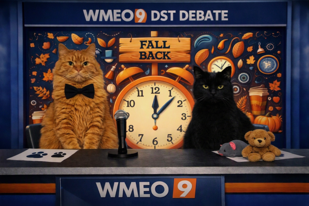 Two cats sit behind a WMEO 9 news desk for a “DST Debate” segment. The orange cat on the left wears a black bow tie, while the black cat on the right sits beside a toy mouse and small teddy bear. A microphone is centered between them. Behind the desk is a festive fall backdrop featuring pumpkins, leaves, coffee cups, and a large clock reading 2:00 with a wooden “FALL BACK” sign above it.