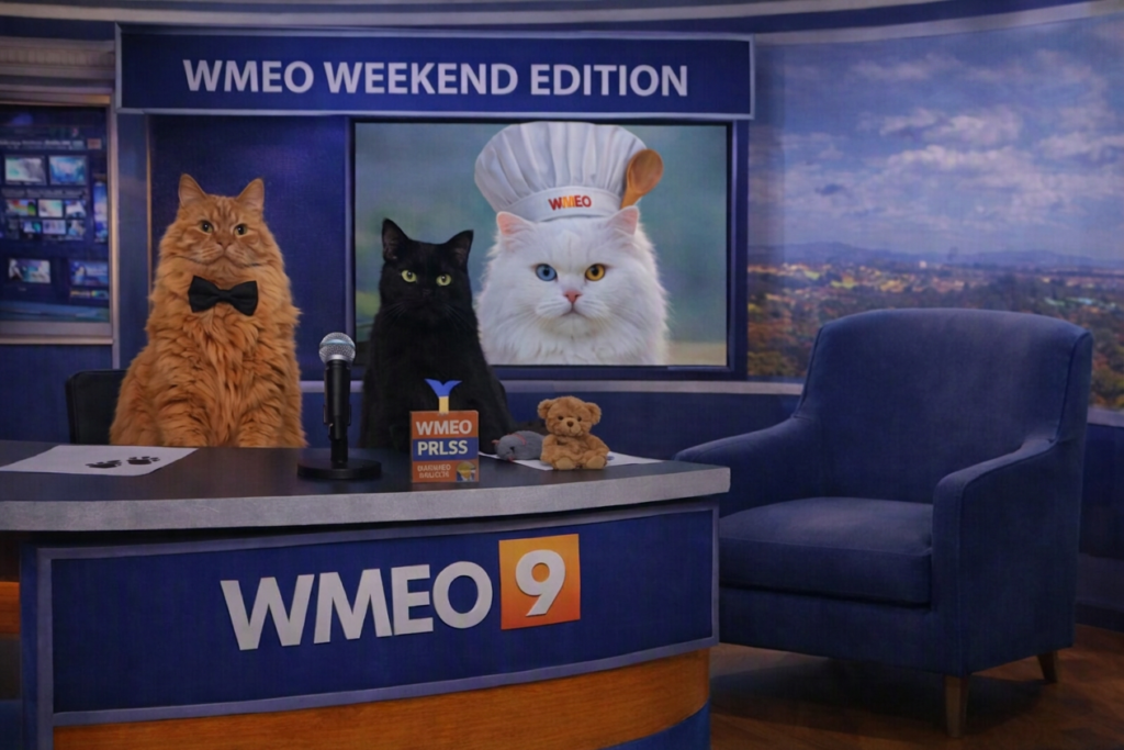 Two cats sit behind an angled WMEO Weekend Edition news desk styled like a TV broadcast. The orange long‑haired cat, Banner Salcoon, wears a black bow tie, and the black short‑haired cat, Balboa, sits beside him with a microphone, teddy bear, and toy mouse on the desk. A blue armchair stands next to the desk for guests. Behind them, a large screen displays the headline ‘WMEO Weekend Edition’ and a photo of Chef Merengue Snuggleumpkins, a white cat with heterochromatic eyes wearing a WMEO chef’s hat and wooden spoon. The studio background shows bright skies and treetops.”