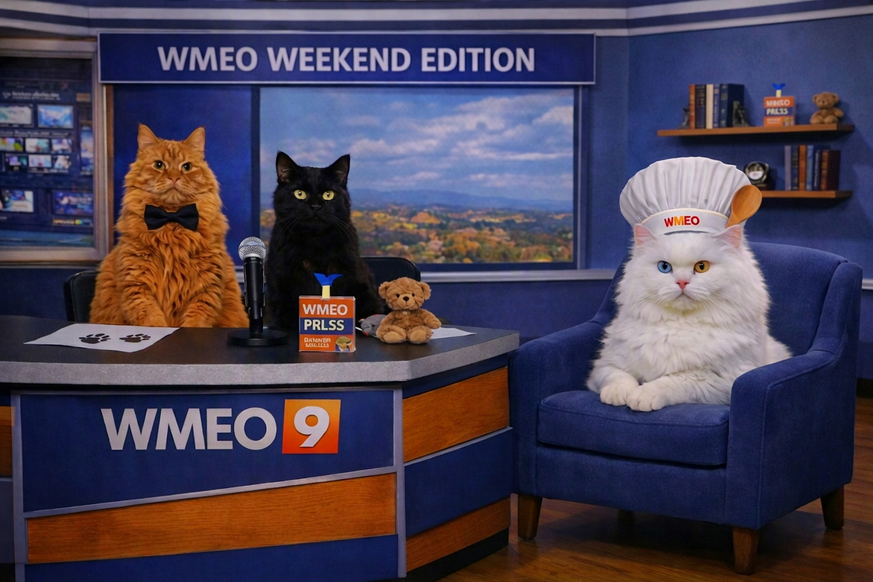 “Wide studio shot of the WMEO Weekend Edition set. On the left, Banner Salcoon, an orange long‑haired cat in a black bow tie, and Balboa, a sleek black cat with green eyes, sit behind an angled news desk with a WMEO 9 logo. A microphone, teddy bear, toy mouse, and name card sit on the desk. On the right, Chef Merengue Snuggleumpkins, a fluffy white cat with one blue eye and one yellow eye, sits regally in a plush blue guest chair wearing a WMEO chef’s hat with a wooden spoon tucked into the band. Behind them, a large studio screen displays ‘WMEO Weekend Edition’ over a scenic landscape. The lighting is bright and professional, capturing all three cats as if mid‑broadcast.”