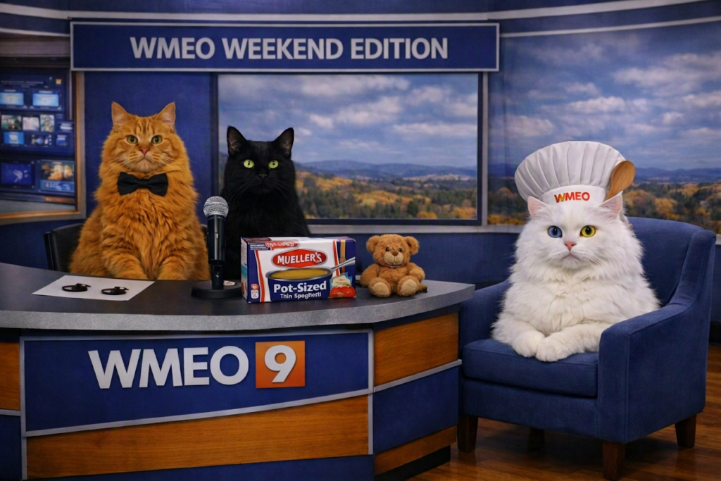“Wide studio shot of the WMEO Weekend Edition set. Banner Salcoon, an orange long‑haired cat in a bow tie, and Balboa, a sleek black cat, sit behind an angled news desk with a WMEO 9 logo. A Mueller’s Pot‑Sized Spaghetti box sits on the desk beside a microphone, teddy bear, and toy mouse. Chef Merengue Snuggleumpkins, a fluffy white cat with one blue eye and one yellow eye, sits regally in a plush blue guest chair wearing a WMEO chef’s hat with a wooden spoon tucked into the band. Behind them, a large screen displays ‘WMEO Weekend Edition’ over a scenic landscape.”