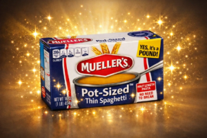 Mueller’s Pot‑Sized Thin Spaghetti box centered against a glowing golden background. Soft sparkles and twinkling lights surround the package, giving it a dramatic commercial-style spotlight. The red, white, and blue box sits on a reflective surface, with the Mueller’s logo, ‘Pot‑Sized Thin Spaghetti’ label, and ‘Half Length Pasta – No Need to Break’ badge clearly visible.”