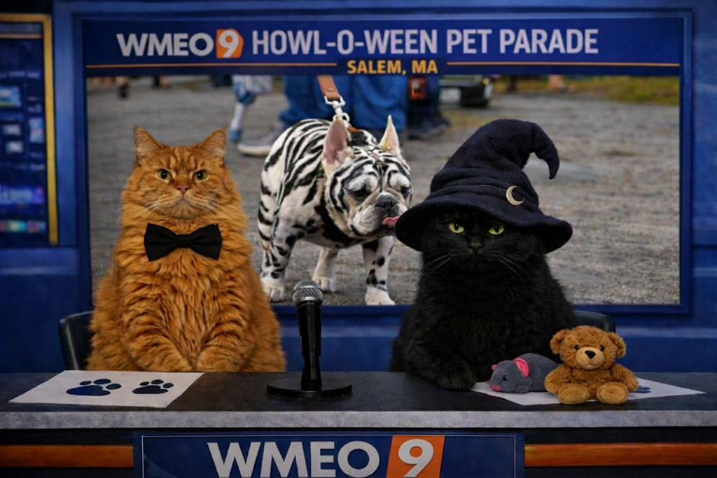 Two cats sit behind a WMEO 9 news desk; the orange cat wears a black bow tie and the black cat wears a blue witch hat. A microphone, paw‑print paper, and small toy mouse and bear sit on the desk. Behind them, a screen displays a dog in a zebra costume during the Howl‑O‑Ween Pet Parade in Salem, MA.