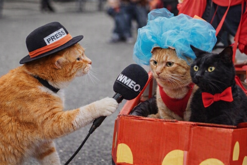 Three cats in colorful costumes sit inside a red cardboard car; one wears a red‑and‑white striped hat, one wears a blue tulle headpiece, and one wears an orange “Thing 2” outfit during a festive pet parade.
