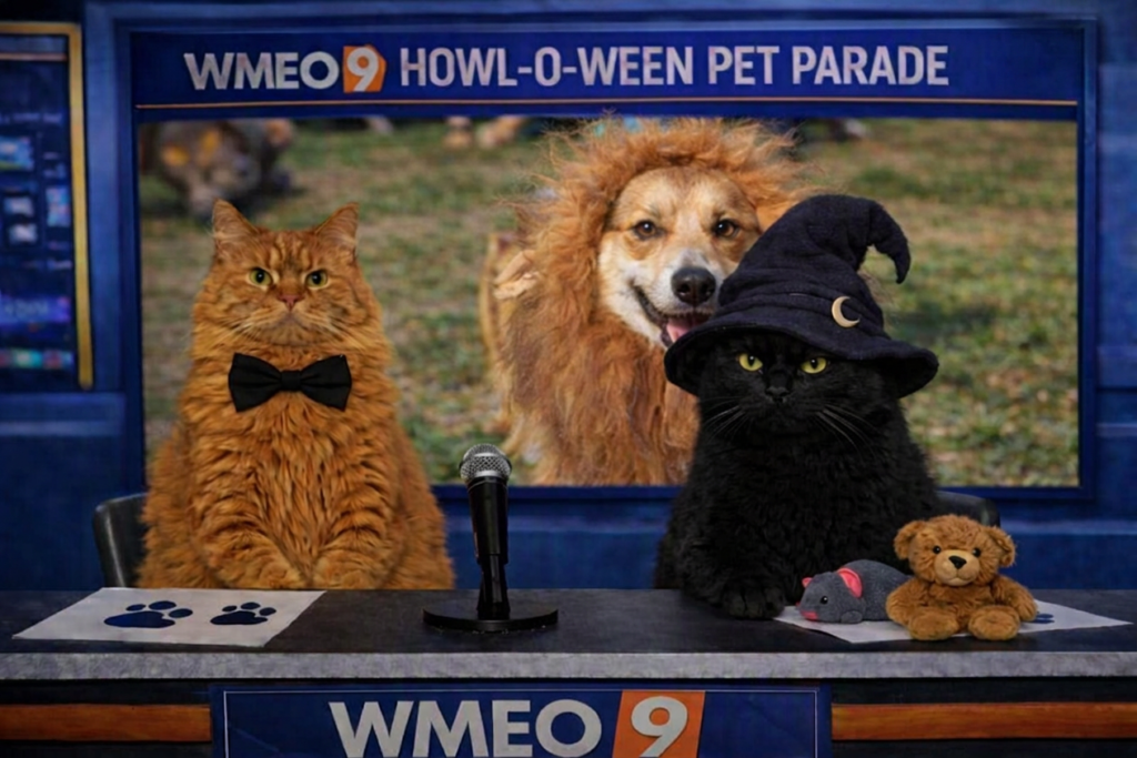 Two cats sit behind a WMEO 9 news desk; the orange cat wears a black bow tie and the black cat wears a witch hat. A microphone, paw‑print paper, and small toys sit on the desk, while a screen behind them shows a dog in a lion costume for the Howl‑O‑Ween Pet Parade.
