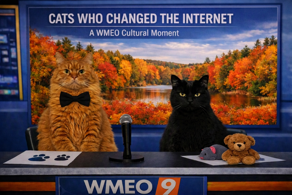 An orange cat and a black cat sit behind the WMEO 9 news desk like anchors, with a microphone and papers in front of them and a fall foliage newsroom backdrop behind the desk.