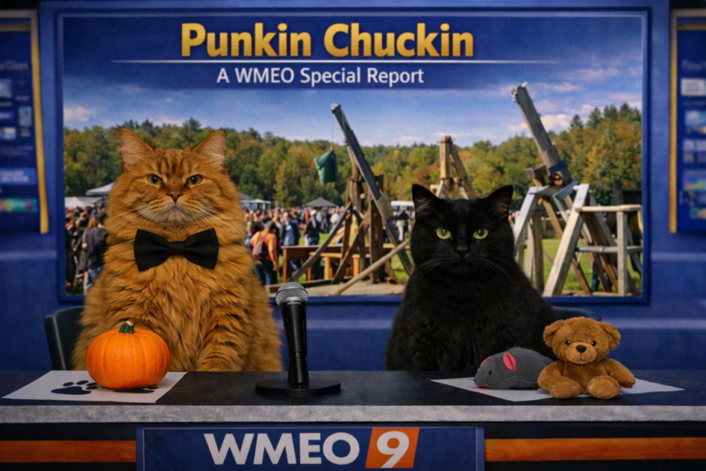 Two cats sit behind a WMEO news desk as anchors for a segment titled “Punkin Chuckin – A WMEO Special Report.” The orange tabby cat named Banner wears a black bow tie and sits beside a small pumpkin on the desk. The black cat, Balboa, sits to the right near a teddy bear and a gray mouse prop. Behind them, a large screen shows a pumpkin chucking event with wooden catapults and a crowd in a grassy field under a blue sky.