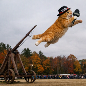 Pumpkin Spice, an orange tabby cat wearing a black PRESS hat with a red band, is flying through the air after being launched from a large wooden trebuchet at a fall pumpkin chucking event. He’s stretched out mid‑jump, holding a small WMEO microphone in one paw. Behind him, spectators watch from a grassy field surrounded by autumn trees.