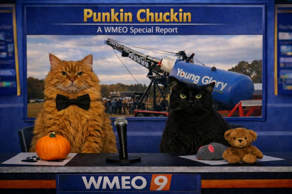 Two cats sit behind a WMEO news desk for a segment titled “Punkin Chuckin – A WMEO Special Report.” Banner, an orange tabby in a bow tie, sits beside a small pumpkin, while Balboa, a black cat, sits beside a teddy bear and toy mouse. Behind them, the studio screen displays a smaller framed image of the “Young Glory” Punkin Chunkin cannon mounted on a trailer. The headline remains visible above the screen.