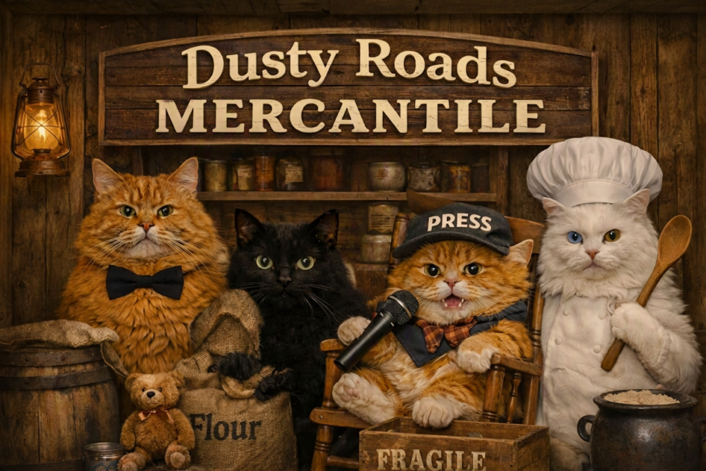 Banner, Balboa, and friends gather inside Dusty Roads Mercantile, featuring a press cat with a microphone and a chef cat beneath a rustic wooden store sign.
