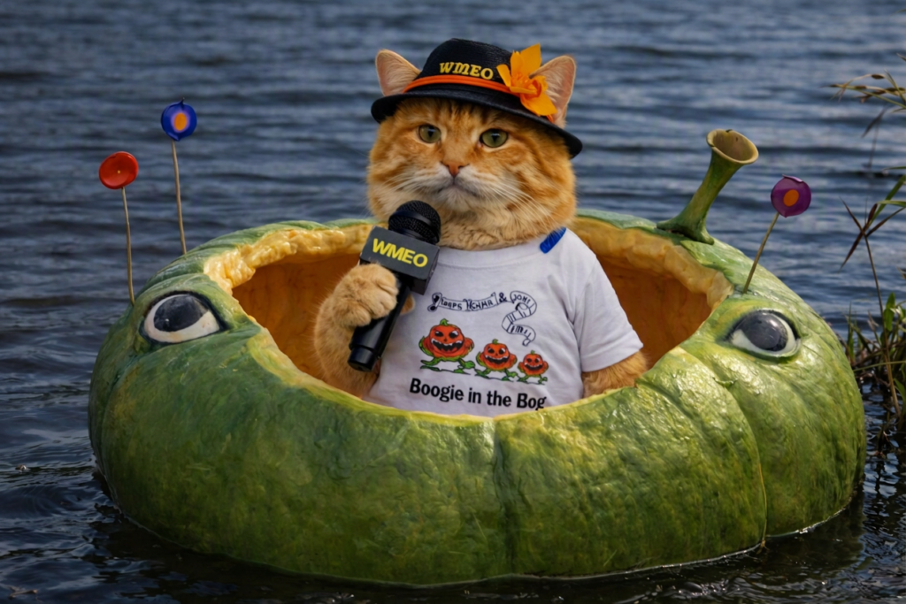 Pumpkin Spice, an orange cat dressed in a WMEO reporter hat and “Boogie in the Bog” T‑shirt, sits inside a decorated green pumpkin boat floating on the water. He holds a WMEO microphone while the pumpkin boat’s painted eyes and colorful antenna-like decorations stand out against the shoreline in the background.