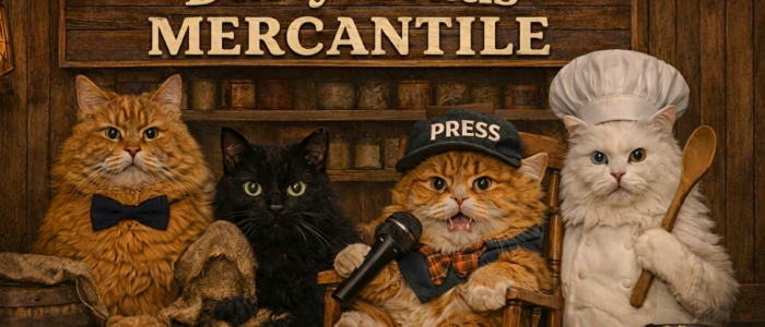 Four cats posed inside the Dusty Roads Mercantile store. Banner the orange long-haired cat wears a black bow tie, Balboa the black cat sits in a flour sack, an orange cat wearing a press cap holds a microphone, and a white cat dressed as a chef holds a wooden spoon beneath a Dusty Roads Mercantile sign.