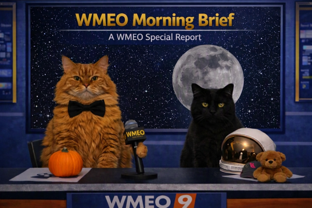 Two cats sit behind the WMEO 9 news desk. An orange long‑haired cat wearing a black bow tie sits on the left beside a small pumpkin and a microphone. A black cat sits on the right beside a teddy bear and a gray cap. Behind them, the studio screen displays a star‑filled sky with a large full moon and the headline “WMEO Morning Brief.”