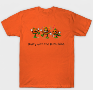   
An orange T‑shirt featuring a festive Halloween design with three cartoon jack‑o’‑lanterns wearing green shoes and white gloves dancing under colorful musical notes. Below them, the text reads “Party with the pumpkins,” creating a cheerful, seasonal look perfect for autumn celebrations.