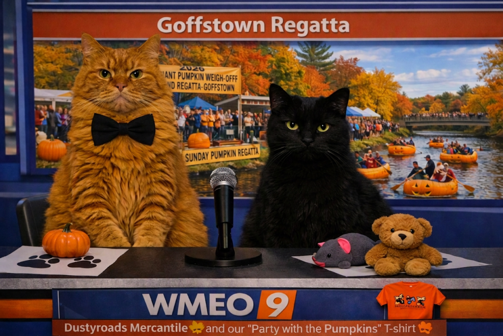 Two cats sit behind a WMEO 9 news desk reporting on the Goffstown Regatta. The orange tabby cat wearing a black bow tie has a small pumpkin beside his papers, while the black cat sits next to a toy mouse and teddy bear. A microphone stands between them. Behind the desk, a screen shows the Goffstown Pumpkin Regatta with people paddling giant pumpkins down a river surrounded by colorful autumn trees. A banner above reads “Goffstown Regatta,” and the desk displays the WMEO 9 logo along with a sponsor line for Dustyroads Mercantile and a small orange “Party with the Pumpkins” T‑shirt image.